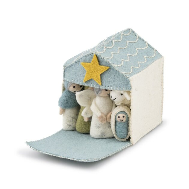 Crèche de Noël en feutrine de laine Bleu glace