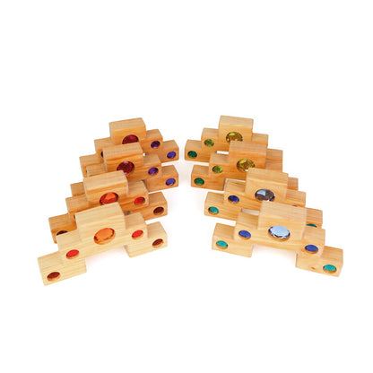 Bauspiel Escalier coloré en bois et cubes lumineuses - Lot de 16