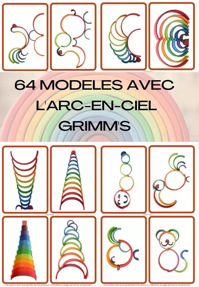 Download de 64 bouwvoorbeeldkaarten voor de Grimm's regenboog in kleur.