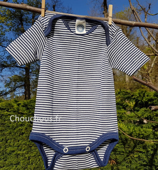 Cosilana body manches courtes Bleu rayé - Laine/soie