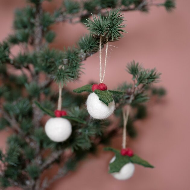 Boule de Noël en feutrine de laine Holly Berry Houx 3D - Small
