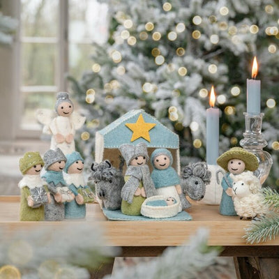 Crèche de Noël en feutrine de laine Bleu glace