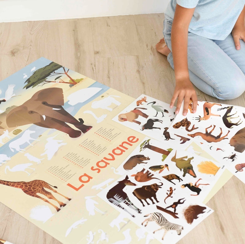 Poppik Poster pédagogique Savane + 42 autocollants 5-12 ans