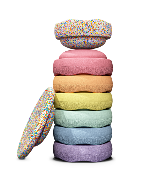 Stapelstein Lot complet 7 pierres de motricite + 1 planche d'équilibre Pastel Super Confetti