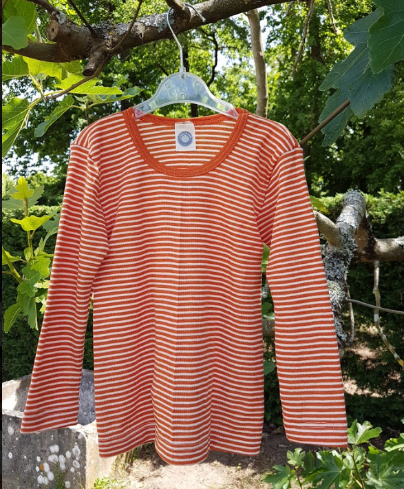 Cosilana T-shirt manches longues Enfant Orange rayé - Laine/soie